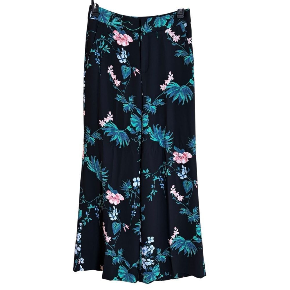 Banana Republic Black Botanical Floral Leaf Vine Wide Leg Flowy Dress Pants Sz 6